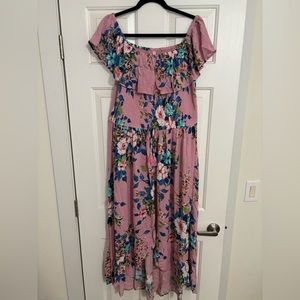 Xhileration pink floral smocked tie waist dress